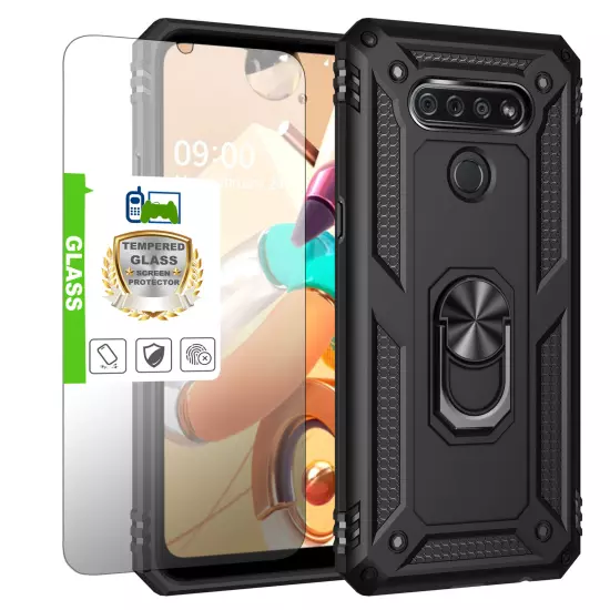 For LG K51 Q51 Reflect Case Shockproof Ring Stand Phone Cover w/ Tempered Glass