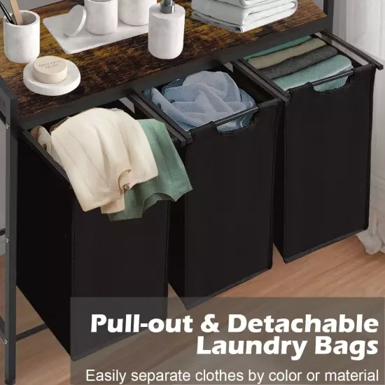 Large Laundry Hamper Sorter with 3 Removable & Pull-Out Sorting Bags, Wooden Top