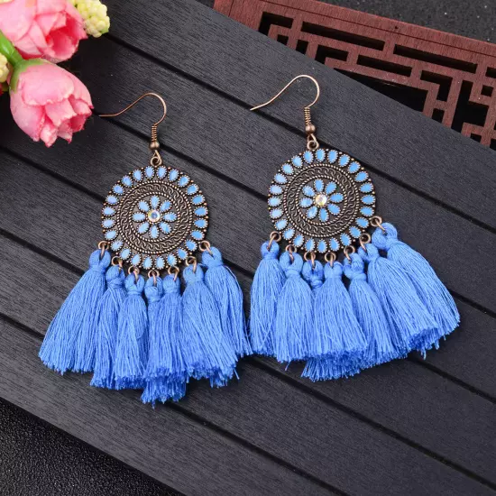 Fashion Women Bohemian Earrings Long Tassel Fringe Drop Dangle Ear Stud Jewelry