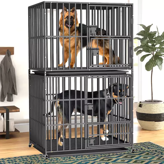 2 Tier Stackable Dog Cage Crate Thick Wire Bar Dog Kennel Portable Feeding Door 