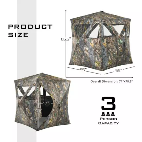 3 Person Portable Hunting Blind Pop-Up Ground Blind w/Tie-downs & Carrying Bag