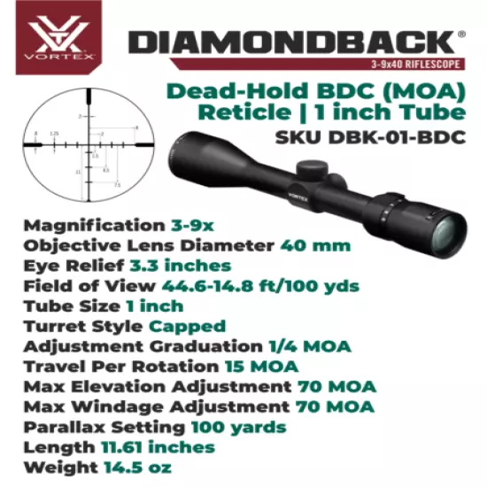 Vortex Optics Diamondback 3-9x40 Dead-Hold Riflescope w/ Hat and M Rings Bundle