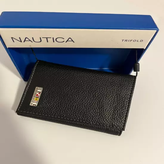 NAUTICA MEN'S TRIFOLD BLACK GENUINE LEATHER WALLET - NWT