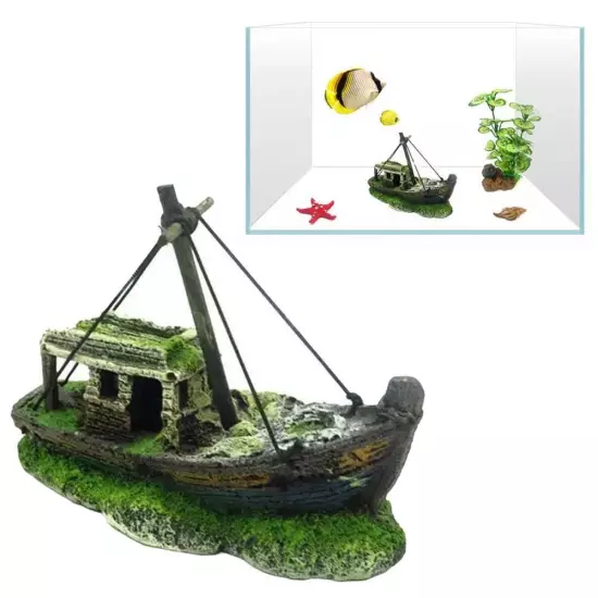 Aquarium Shipwreck Decoration Resin Sunken Ship Wreck Fish Tank Cave Decor C7X2