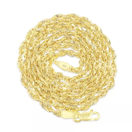 14K Yellow Gold 1mm-4mm Laser Diamond Cut Rope Chain Necklace Men Women 16"- 30"