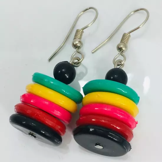 Vintage Rainbow Beaded Earrings Dangle Pierced Ear Disc Beads