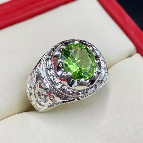 Natural Mens Peridot Ring, Handmade Peridot Ring For Men 925 Sterling Silver