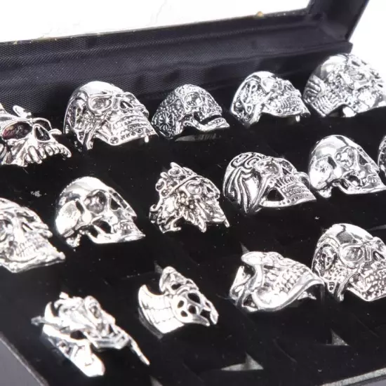 Wholesale 20pcs Skull Silver Biker Punk Party Gifts Fashion Jewelry Men's Rings