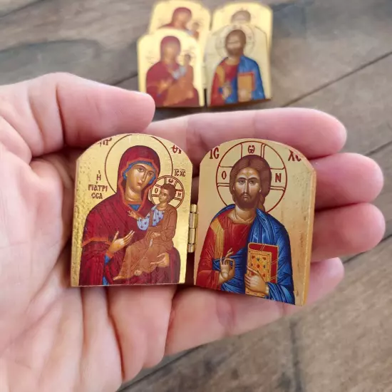 Virgin Mary and Jesus Christ bedside table miniature small wooden diptych icon