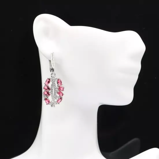 Gorgeous Pink Tourmaline White CZ Women Engagement Silver Earrings 