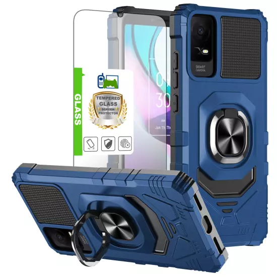 For TCL ION X / ION V Case Shockproof Ring Stand Phone Cover w/ Tempered Glass