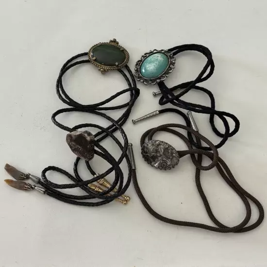 Vintage Lot of 4 Agate Stone Turquoise Petrified Wood BOLO Ties