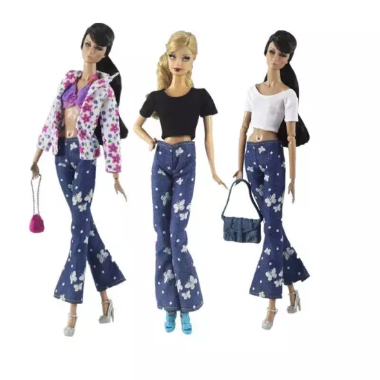 Fashion Floral Jeans Leather Pants Trousers 11.5" Doll Clothes 1/6 Accessories