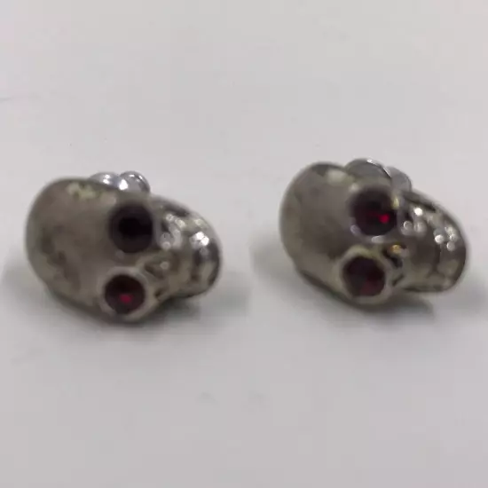 Silver Tone Smiling Skull Stud Pierced Earrings Red Rhinestone Eyes Halloween