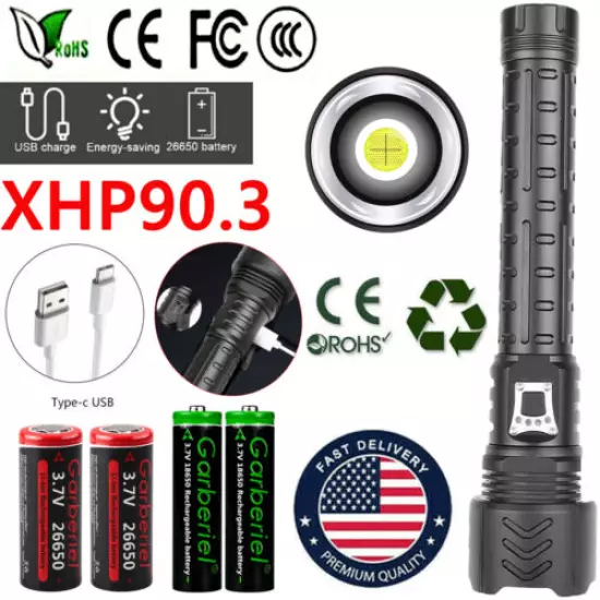 Powerful 990000LM XHP90.3 LED Flashlight USB Rechargeable 26650 5Mode Zoom Torch