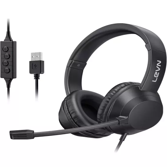 LEVN USB Wired Headset For PC With Microphone Noise Cancelling & Audio Controls