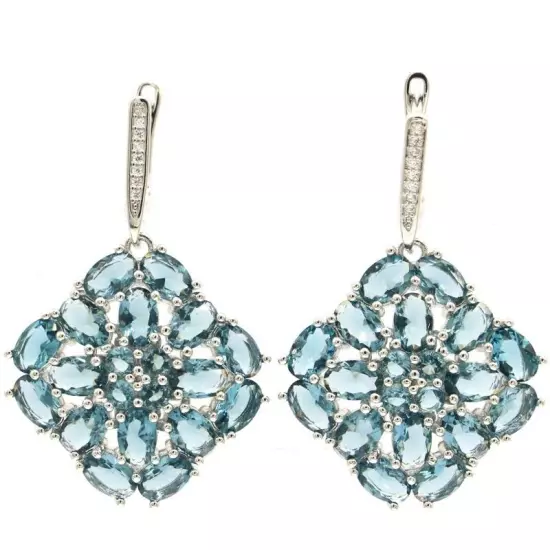 Gorgeous London Blue Topaz White CZ Woman's Present Silver Earrings