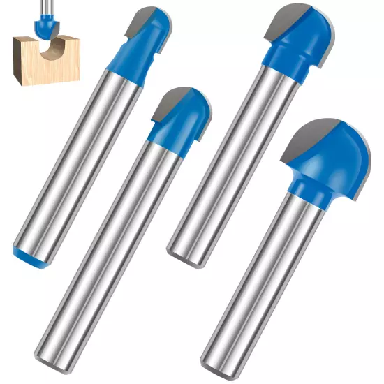 4Pcs 1/4" Shank Round Nose Router Bit Set Carbide Double Flute Core Box Routerφ