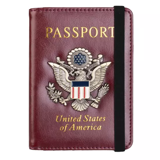 RFID Blocking Leather Passport Holder with 3D Metal Badge, Travel Document Passp