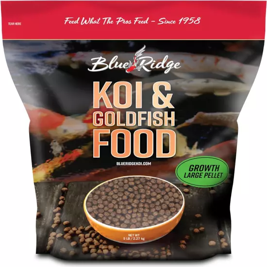 Blue Ridge Koi Fish Food 5lb - Koi Food 3/16” Large Growth Formula, Goldfish for