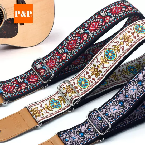 Guitar Bass Belt Embroidered Guitar Strap Leather End for Bass/Acoustic/Electric