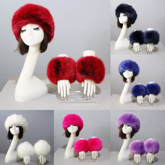 Women Wam Faux Fur Hat Cuff Set Winter Warmer Hat Arm Wrist Sleeve Gloves