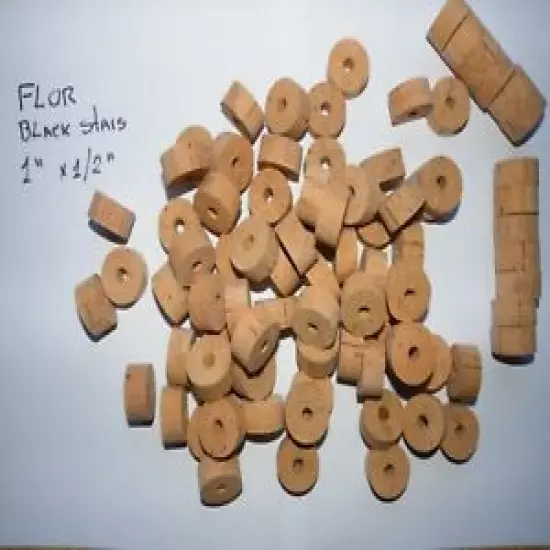 100 CORK RINGS 1 "X1/2" BORE 1/4" FLOR BLACK STAINS - FREE SHIP!!!!