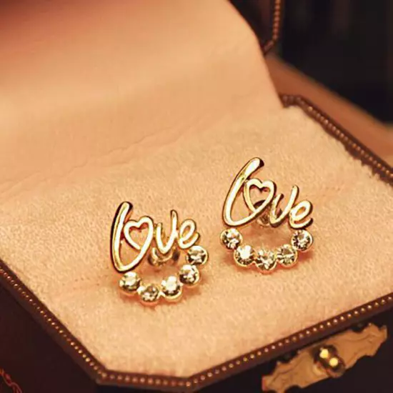 Fashion 18k Gold Plated Crystal Love Letter Stud Earrings Jewellery Womens Girls