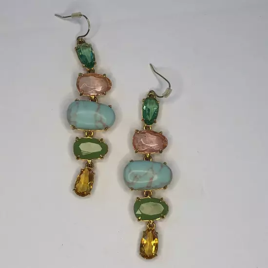 Faux Turquoise and Gem Stone Drop Dangle Gold Tone Earrings Pink Green Amber