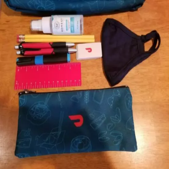 FOOD PATTERN BACKPACK, PENCIL POUCH, PENS, PENCILS, RULER, HAND SANTIZER, ERASER