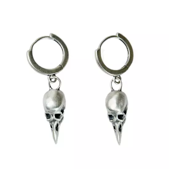 Bird Skull Dangle Hoop Mens Women 925 Sterling Silver Biker Drop Earring A4545