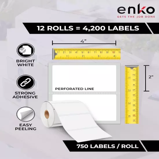 enKo 4" x 2" Labels for Zebra Desktop 12 Rolls - 9,000 Labels, X 