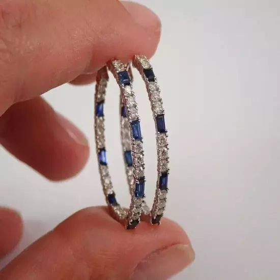 2 Ct Round Cut Lab Created Blue Sapphire Hoop Earrings In 14k White Gold Plated