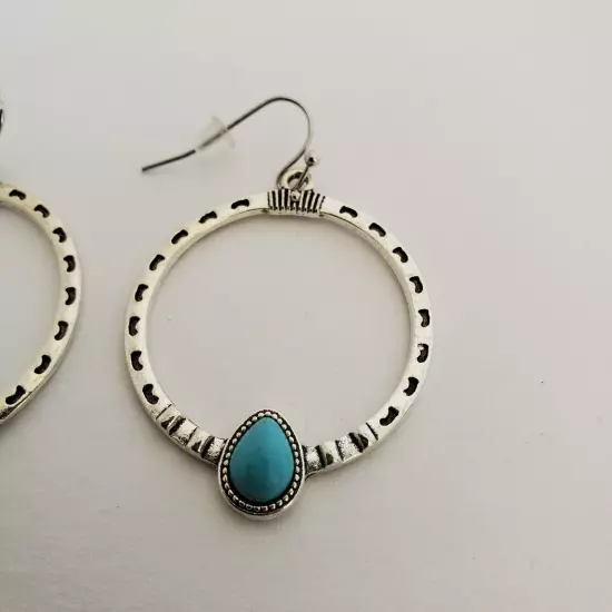 Boho Silver Round Circle Hoop Dangle Earrings with Turquoise for Women Western