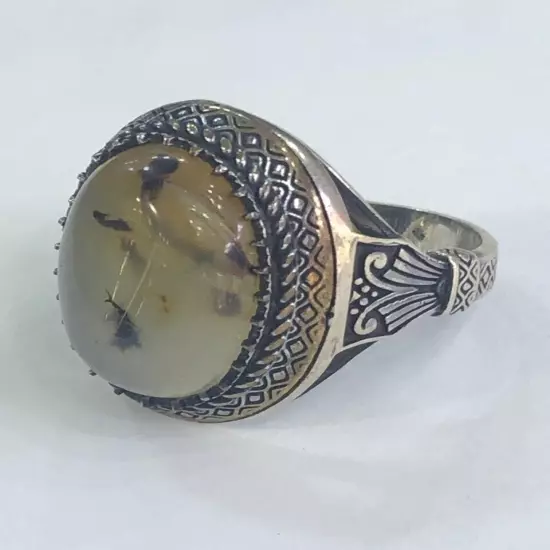 Agate Ring Men Silver 925,Yemen,Aqeeq,Rare,Royal,Luxuryخاتم عقيق يمني طحلبي