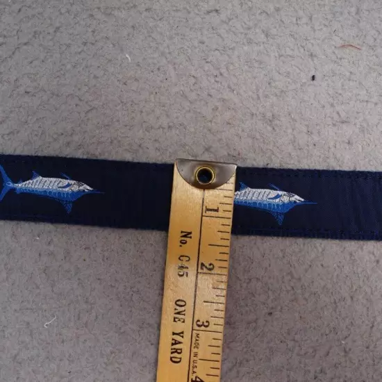 Leather Man Belt Sz 30 Blue Cotton Marlin Fishing Print Leather Brass Buckle