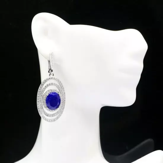 Beautiful Blue Sapphire White CZ For Women Daily Wear Silver Earrings 