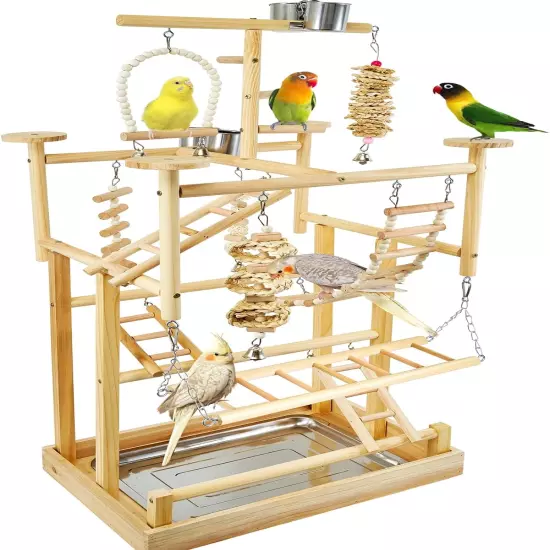 Natural Wood Bird Playground Parrot Playstand Removable Tray 4 Stainless Steel