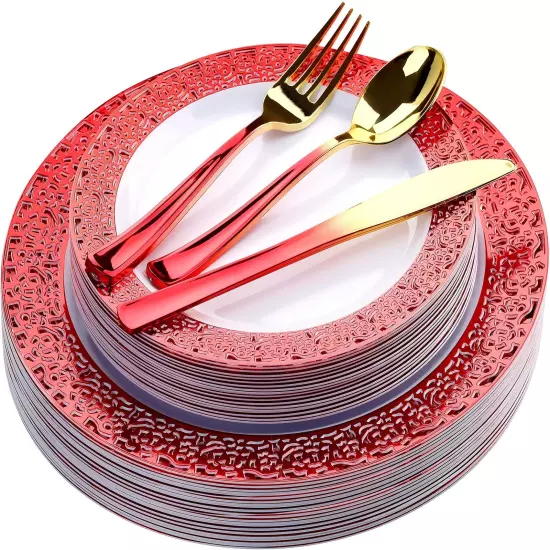 Red Plastic Dinner Plates and Red Gold Silverware - 125 Piece Disposable Prem...