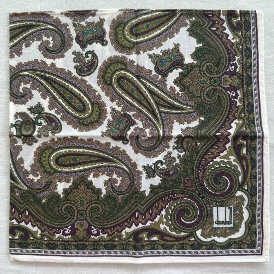 Dunhill Vtg Handkerchief Dark Green Cotton Paisley Damask Art Pocket Square 20"