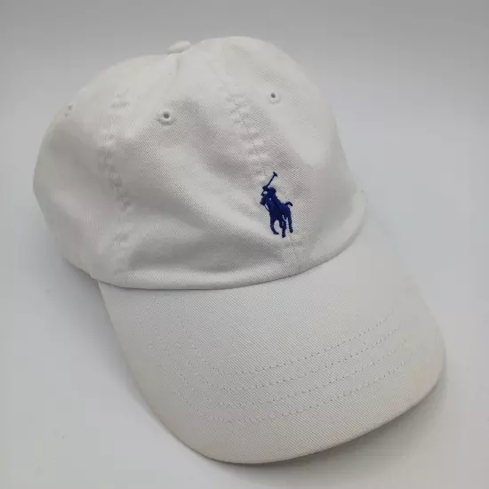 Polo Ralph Lauren Hat Cap Strap Back Solid White with Blue Pony Logo and Script