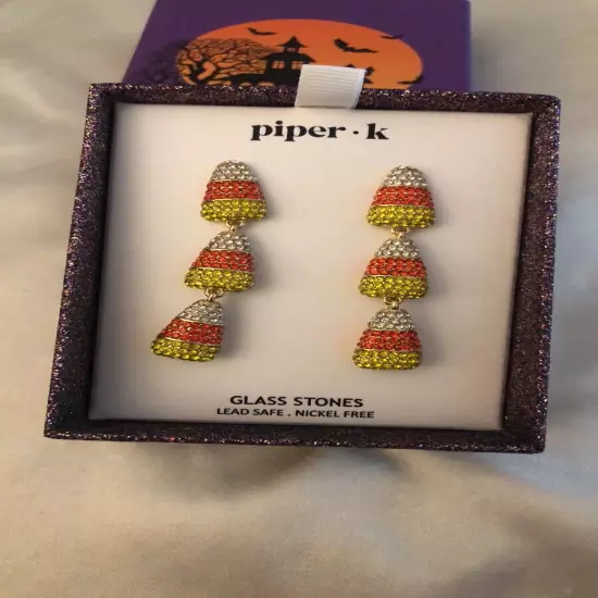 Piper K Gold Tone Triple Candy Corn Drop Earrings Glass Crystal Accents NIB