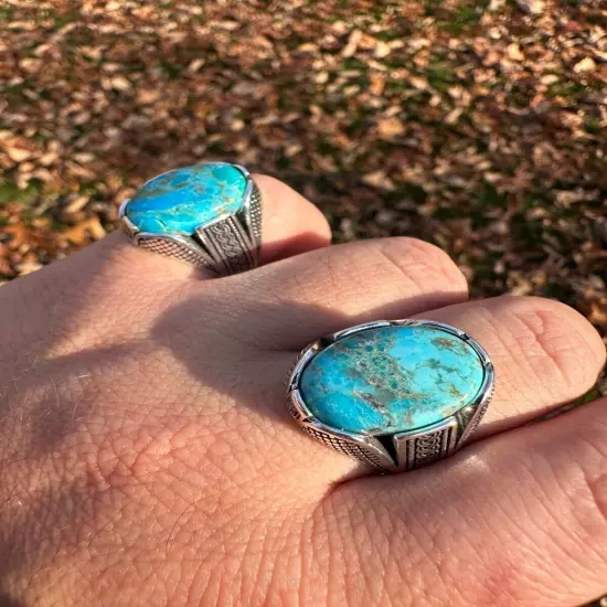 Mens Real Solid 925 Sterling Silver Blue Turquoise Natural Native Gemstone Ring