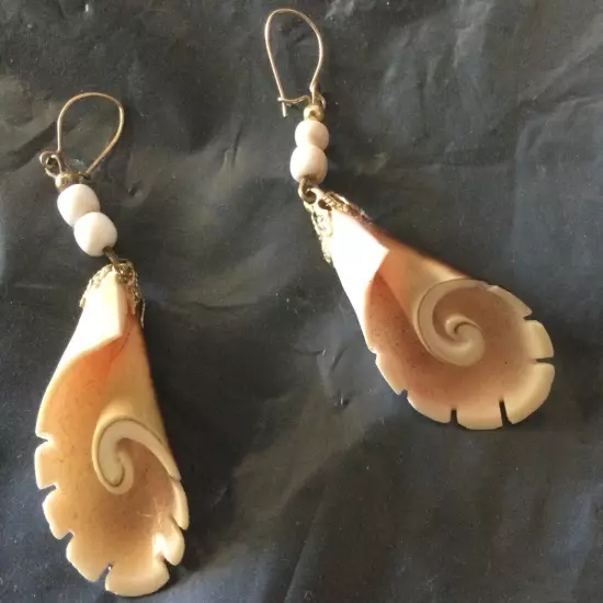 White Cone Shell Dangle Earrings Hawaii Pierced Gold Wire