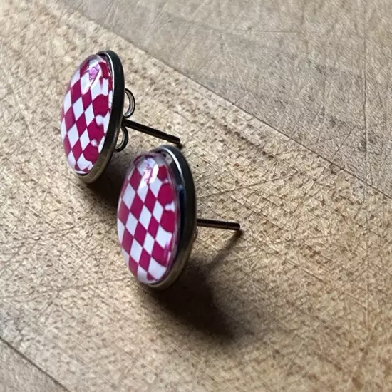 Pink Skater Punk Checkered Race Flag Stud Earrings Jewelry Accessories