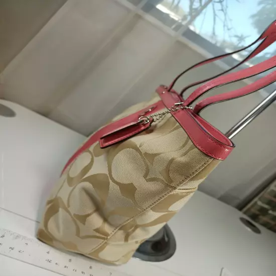 Coach Shopper Medium Pink Khaki Tote Purse Signature Stripe Canvas Patent Leathe