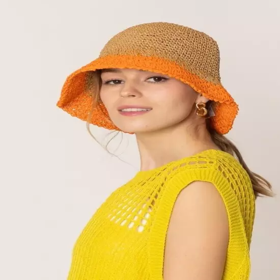 DIONA J TWO TONE STRAW BUCKET HAT ONE SIZE COLOR ORANGE