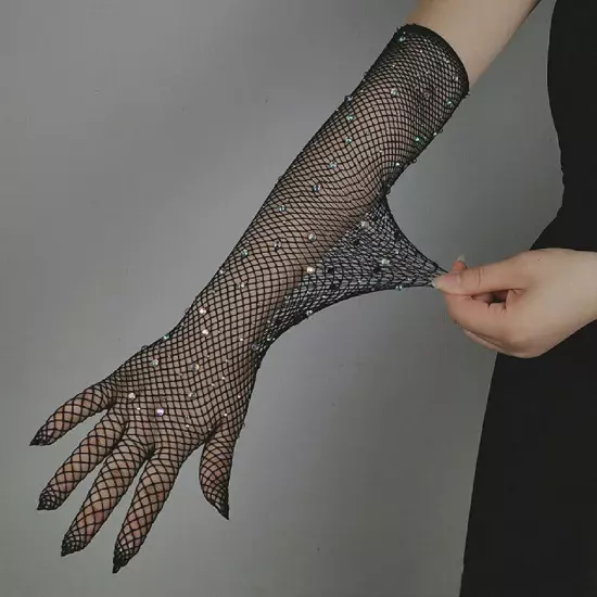 Fishnet Long Gloves Women Rhinestones Gloves Mesh Wrist Arm Gloves Dance Gloves