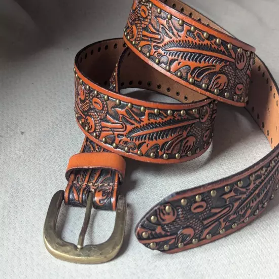 vintage style TOOLED leather belt STUDDED brown 42 cowboy WESTERN acorn RODEO