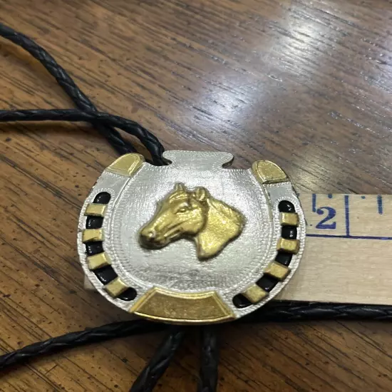 Bolo Tie Silver And Gold Tone Horse Head Horse Lucky Western Wear Cowboy Event 